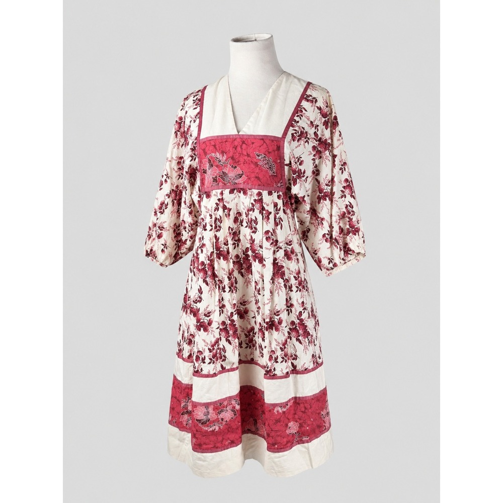 Vintage 90'S Floral Muumuu Dress V-Neck Empire Waist Pockets Pink Burgundy Cream